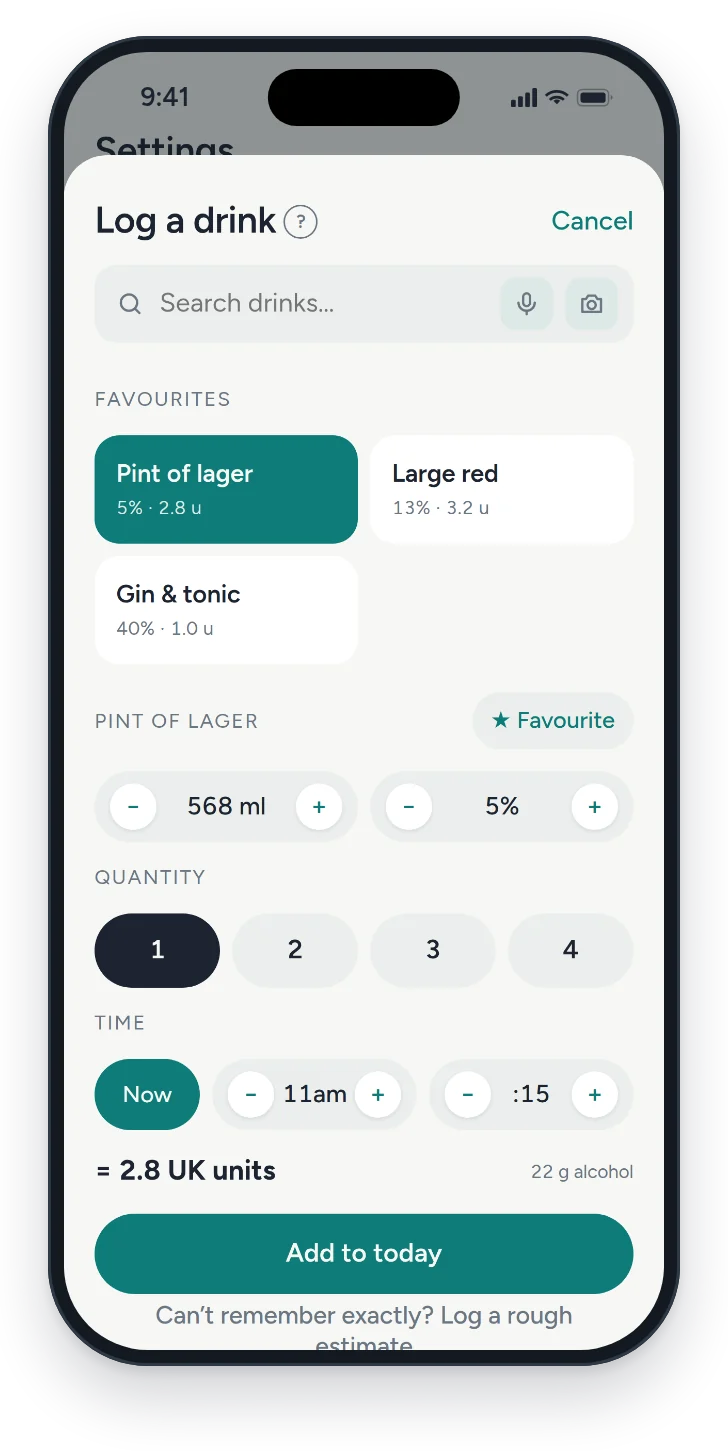 The Log a drink sheet with favourites and a pint of lager selected.