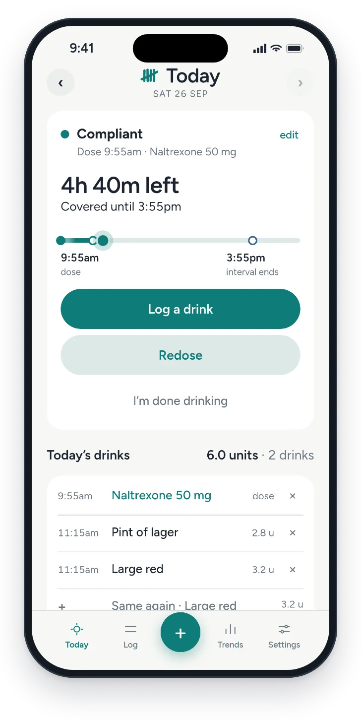 Medication mode: a dose logged, 4 hours 40 minutes of cover left, and two drinks covered.