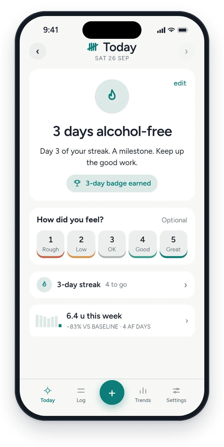 Tracking mode: 3 days alcohol-free and a 3-day badge earned.